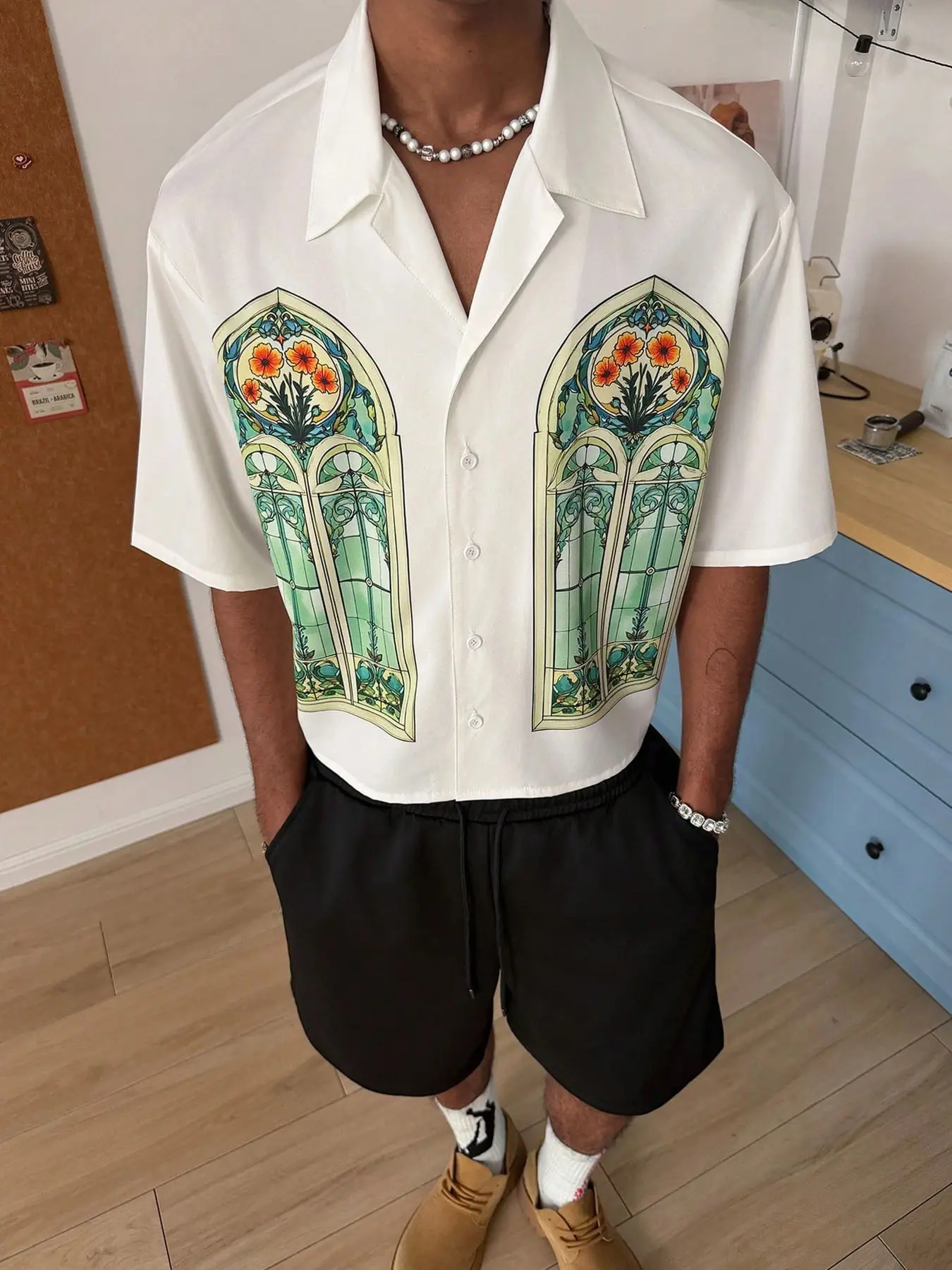 Men's Short Sleeve Shirt, Casual Button Up, Casual Collared Shirt, Casual Street Style Streetwear Window Print Loose Fit Blouse, Trendy Fashion Outdoor Clothing, Simple and Fresh Design, Casual Printed, Menswear