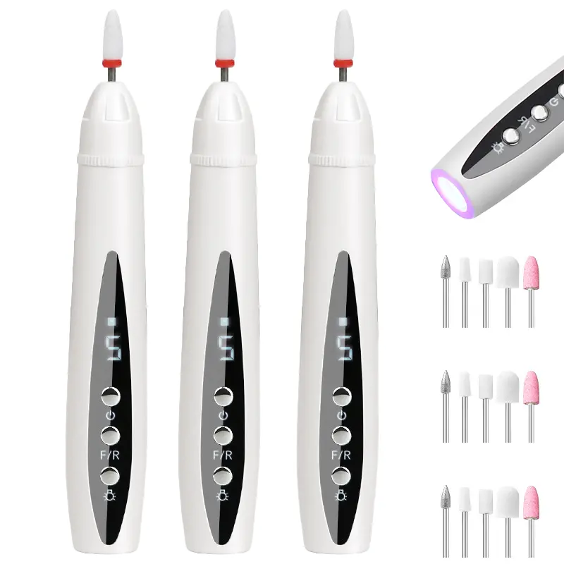 2-in-1 Electric Nail Drill with LED Lamp & Cuticle Care, 5-Speed Adjustable Portable Rechargeable Machine, Professional Manicure/Pedicure Tool for Gel Nail Removal, White, Cutics
