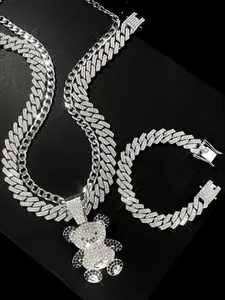 Hip-Hop Bear Pendants Set, Glittery Cuban Chain Tennis Bracelets & Necklaces, Punk Stacked Jewelry for Men Women, Daily Wear Accessories