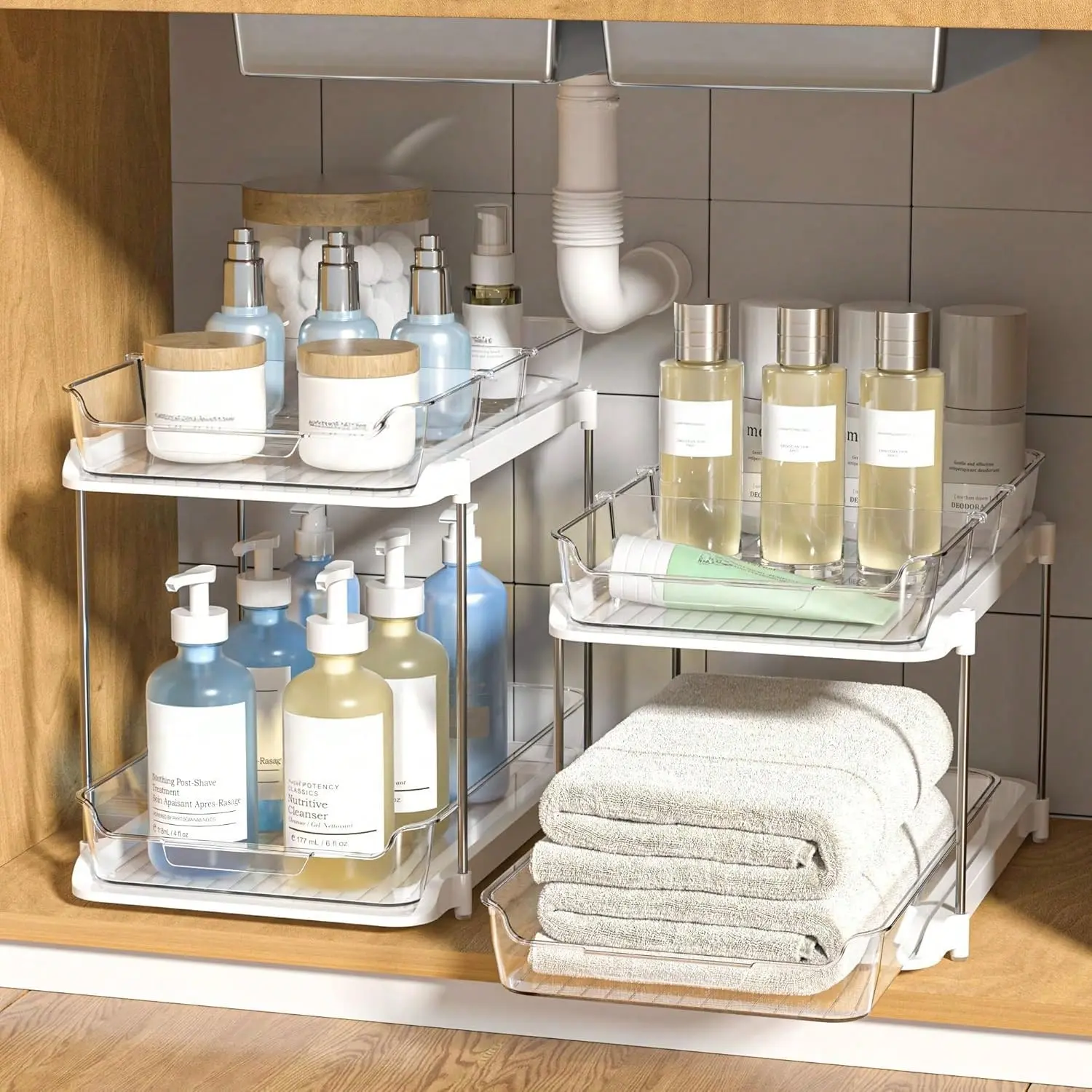 2-Tier Multi-Purpose Bathroom Under Sink Organizers And Storage, Stackable Kitchen Pantry Organization, Pull Out Medicine Cabinet Organizer With Movable Dividers.