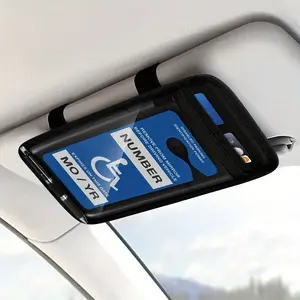 Handicap Placard Holder for Car Visor Car Sunshade Card Clip, Disabled Parking Permit Sign Protector with Pen Holder, Card Slots And Elastic Strap, Black (Holder Solely)