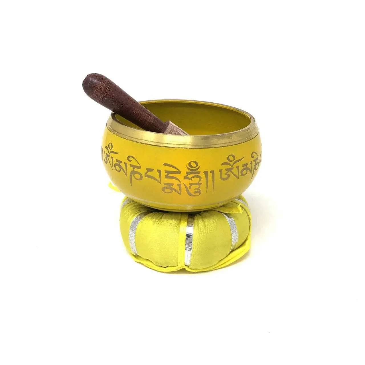 Tibetan Singing Bowl OM MANI Yellow 4" with Wooden Striker & Cushion for Meditation Chakra Healing Sound Therapy