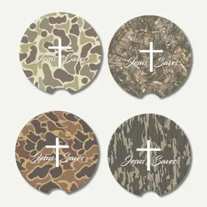 Jesus Saves Camouflage Soapstone Car Coaster, Camo Cup Holder, Car Accessories, Waterfowl Camo Car Décor, Hunting Gifts
