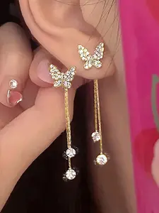 Elegant Butterfly Design Earrings, Rhinestone Embellished, Detachable Tassels, Perfect for Daily Wear and Dates, Women's Trendy Jewelry