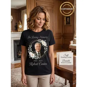 Custom In Loving Memory T-Shirt - Personalized Photo/Text & Name/Year Print Suitable for Funeral, Memorial, Family Reunion Soft Breathable Cotton Crew Neck Tee with White Rose Wreath Golden Frame Unis