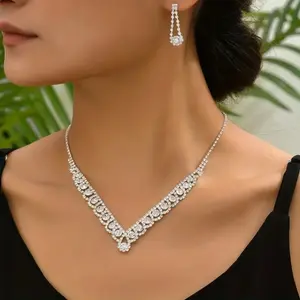 Bridal Jewelry Set Rhinestone V Shaped Necklace Dangle Earrings Silver Crystal Choker Costume Wedding Accessories for Bride Bridesmaid Prom Party,summerwins
