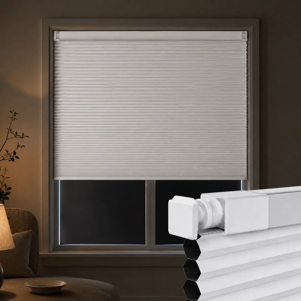 No Drill Cordless Blackout Honeycomb Shades, White Double Cell Cellular Blinds for Windows, Easy Install Pleated Window Covering for Bedroom, Living Room & Renter