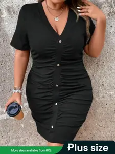 【Plus Size】 Solid Color V Neck Dress, Casual Short Sleeve Dress for Summer, Women's Plus Clothing for Daily Wear, Dresses for Women