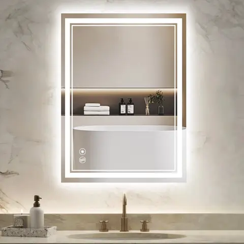 Minimalist LED Lighted Wall Mirror for Bathroom - Anti-Fog, Touch-to-Adjust Screen, Stepless Dimming, Warm/Cool Light, Memory Function, Waterproof, Horizontal/Vertical Wall Mount, Easy Installation, Tempered Glass, Modern Home Decor, Spa Bathroom Mirrors