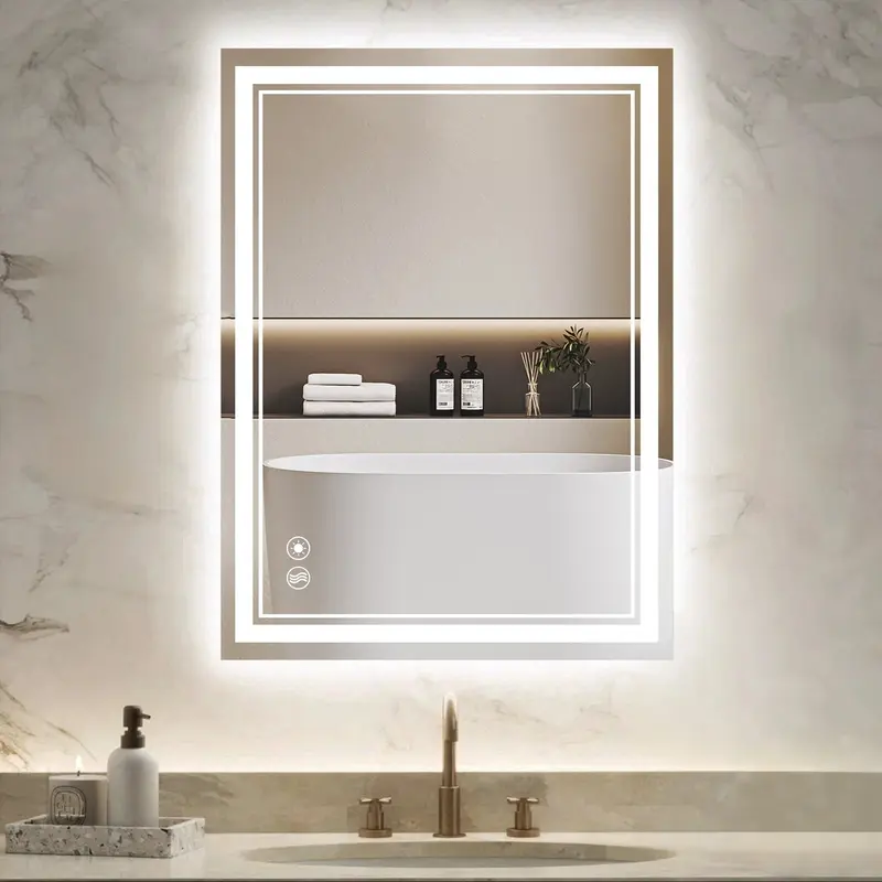 Minimalist LED Lighted Wall Mirror for Bathroom - Anti-Fog, Touch-to-Adjust Screen, Stepless Dimming, Warm/Cool Light, Memory Function, Waterproof, Horizontal/Vertical Wall Mount, Easy Installation, Tempered Glass, Modern Home Decor, Spa Bathroom Mirrors