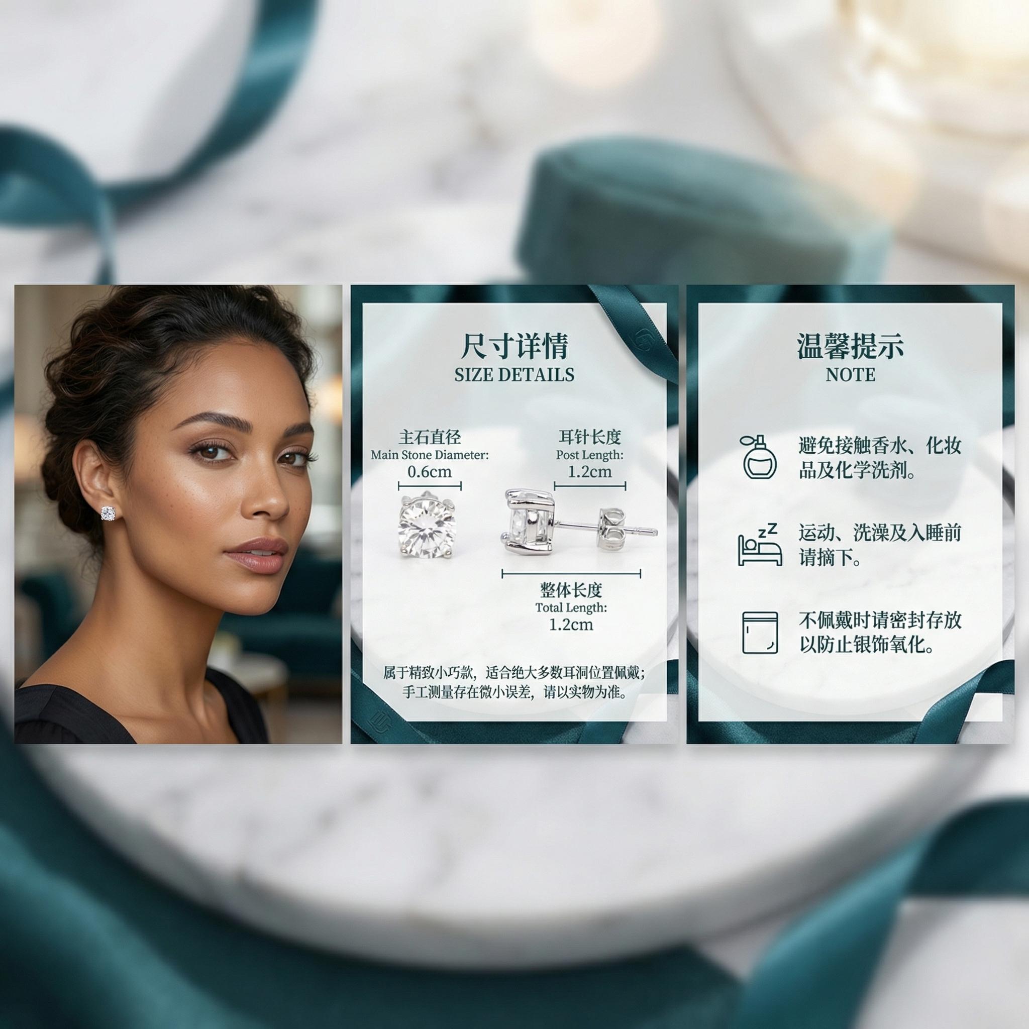 3 Pairs Sterling Silver CZ Stud Earrings Set for Women, Hypoallergenic Round & Princess Cut Diamond Earrings, Bridal Wedding Daily Wear Jewelry Gift