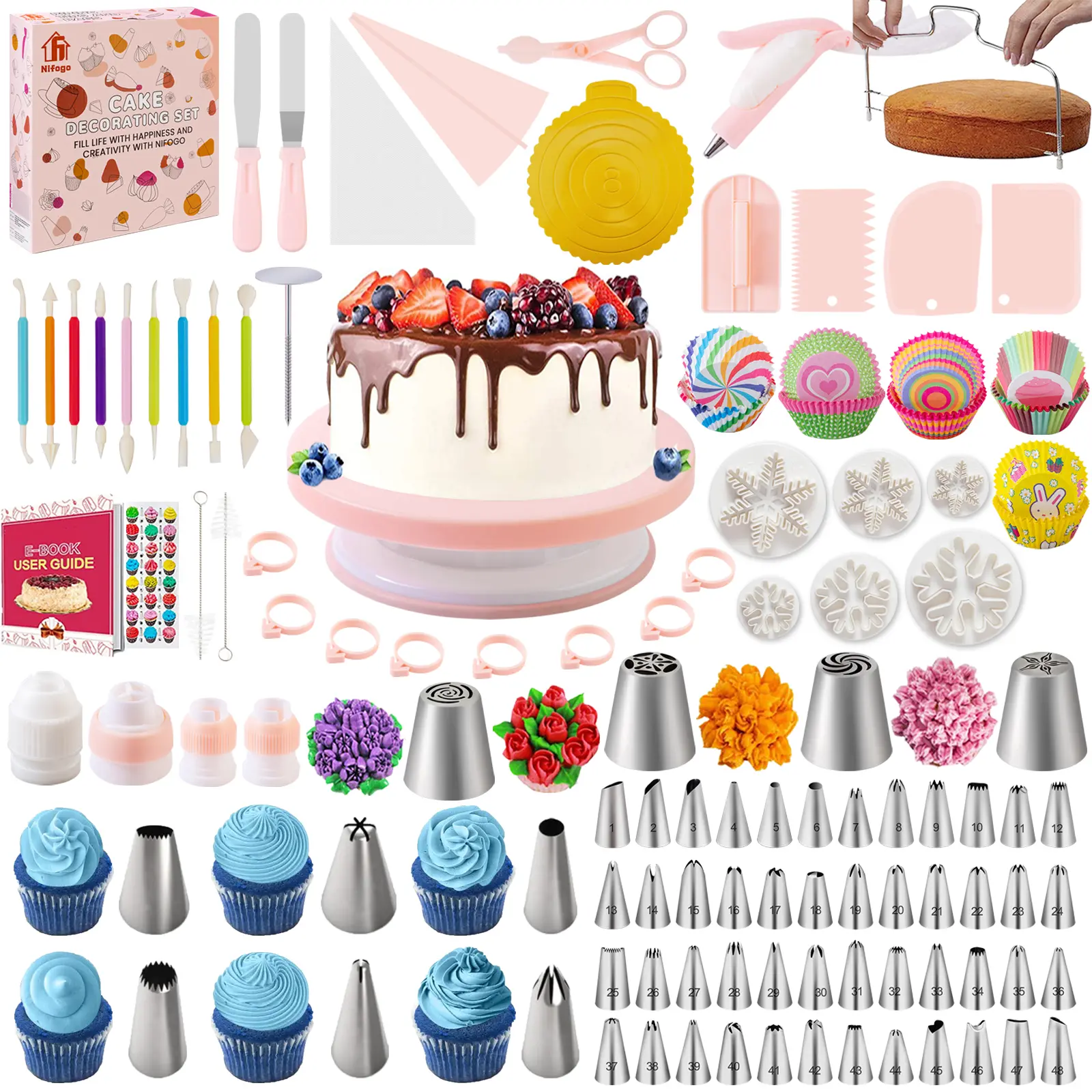 356-Piece Cake Decoration Set for Beginners, Complete Baking Supplies Kit with Revolving Turntable, Piping Icing Tips & Fondant Molds, Smooth, Birthday Cake Decorations, Creative, Complete Kit, Bag, 356 Pieces, Happy Birthday