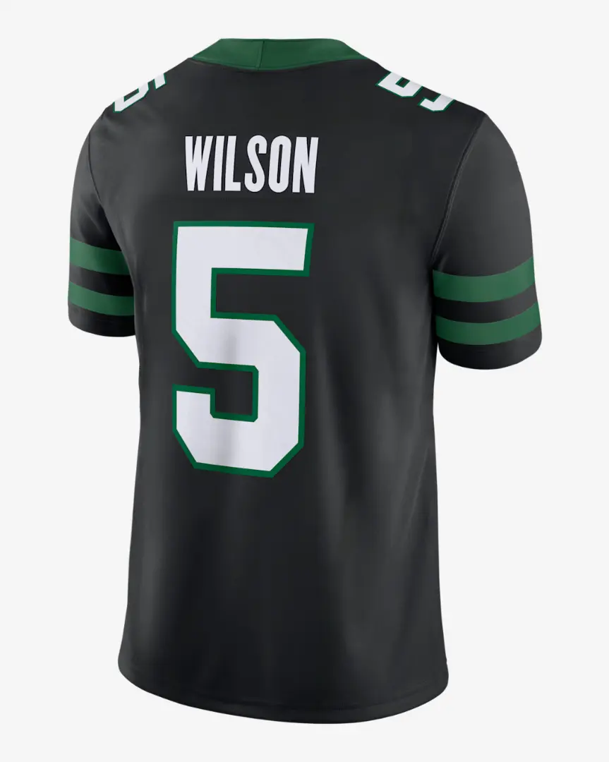 Football Jersey for Men - #5 Wilson Sleek Elongated Block Typography Print Matte Black Body Green Accent Stripe Short Sleeve Gameday Apparel
