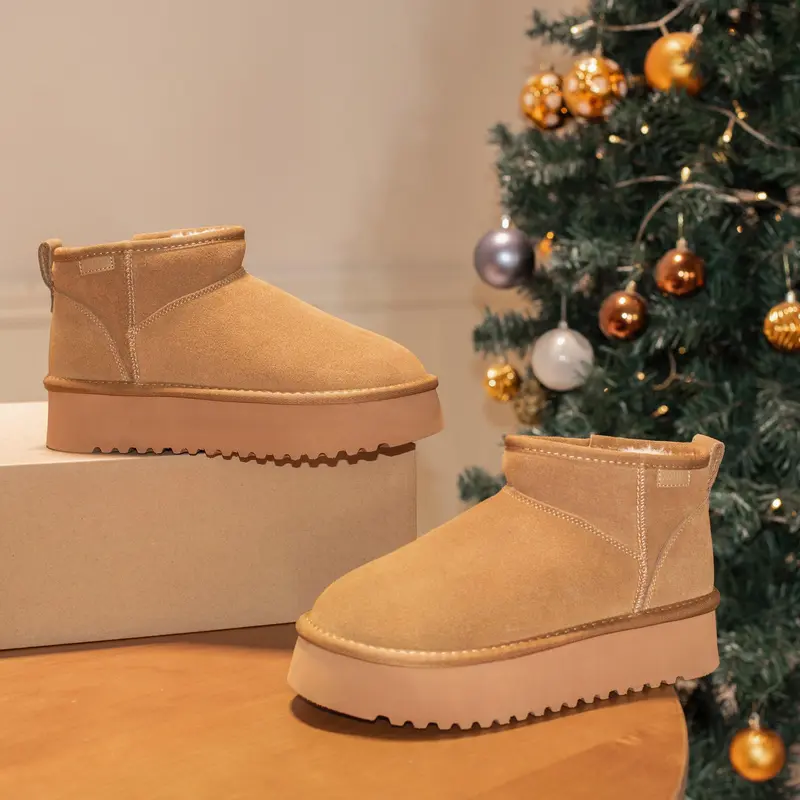 xixitiao Women's Genuine Suede Leather Slip-On Ankle Boots,Water-Splahproof Fuzzy Platform Slippers,Soft Faux Fur Lining Booties,Warm Winter Fall Memory Foam House Shoes Indoor Outdoor,Unique Holiday Gift