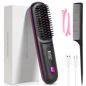 Hair Straightener Brush,Cordless Comb with Negative Ion, 3 Adjustable Temperature Portable USB Charging Straightener Suitable for All Hair Types,Portable Negative Ion Hot Comb Long Battery Life,20Mins Auto-Off, for Travel,