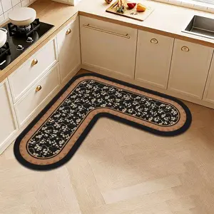 1pc Irregular L-Shaped Kitchen Mat, Floral Print Cartoon Design, Absorbent Non-Slip Silicone Mud Bath Rug, Easy Clean Home Decor, Floral Area Rug