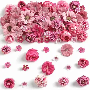 80PCS Mixed Artificial Flower Heads, No Stems, Silk Fake Flowers in Wine Red, Mini Daisy Peony Rose Water Lily Dahlia, Faux Flower for DIY Hairpin Wedding Bouquet Flower Wall Gift Box Home Decor Party Birthday Anniversary Centerpieces