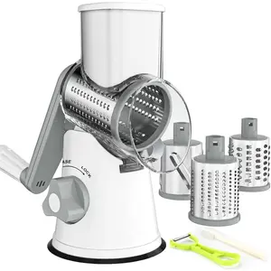 Hand-cranked rotary cheese grater, kitchen slicer, quick slicer, with handle and roller blade, suitable for cheese, vegetables, walnuts, chocolate, potatoes, carrots, 3 blades, white