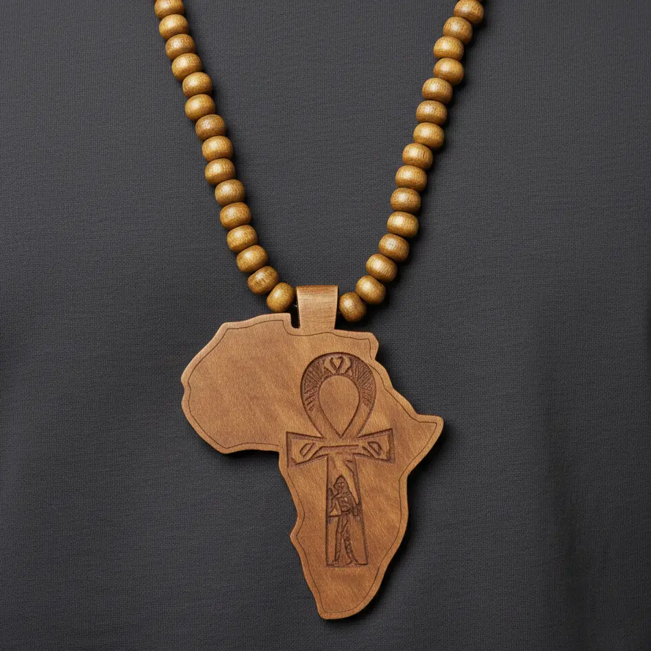MaxBling81 Hip Hop Necklace for Men Women, 30in Wooden Bead Chain with Egyptian Ankh Cross & Africa Map Pendant, Casual Celebrity Style, Hip Hop Celebrity Style