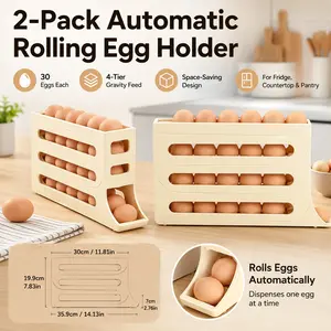 2 Pack 4-Tier Automatic Rolling Egg Holder for Refrigerator, Space Saving Egg Storage Organizer with Slide Design, 30 Egg Capacity Plastic Fridge Egg Tray for Kitchen Countertop, Cabinet, Pantry, Side Door, Fresh Egg Dispenser
