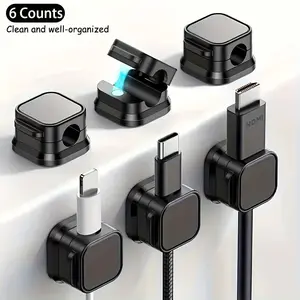 6 Counts Magnetic Cord Organizer,Data Line Organizer, Adhesive Cable Management Holder for USB Chargers on Bedside Tables Walls & Cars Office Desk Storage Holder, Cord Organizer, Desk Accessories, Office Gadgets