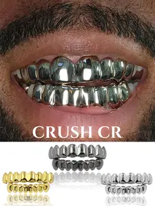 CRUSH CR 2pcs Full Mouth Mirror Finish Black Silver Golden 8 Teeth Grillz – 14K Gold Plated Copper, High Shine Hip-Hop Teeth Jewelry for Black Women, Girls & Men. Perfect for Parties, Music Festivals, Couple Gifts & K-Pop Style Teeth Cover Girls