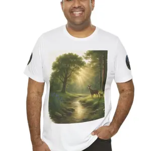 Men's Forest Scene T-Shirt with Deer and Stream Design Comfortable Casual Wear Loungewear Shortsleeve Homewear Tops