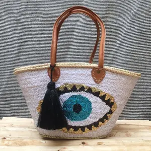 Palm Leaf Tote Bag with Cream Sequins & Evil Eye Protection