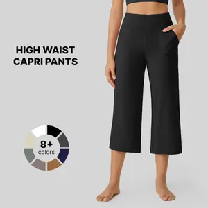 Marena Capri Pants for Women Wide Leg Yoga Dress Cropped Pants Capri Leggings with Pockets for Casual Summer