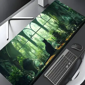Green Plant Windowsill with Black Cat Design Large Gaming Mouse Pad,Aesthetic Desktop Drotection Pad,Washable Rubber Pad Non-Slip Lock Edge Multi-Size Mouse Pad Suitable For Home Office,Good Gift for Family and friends