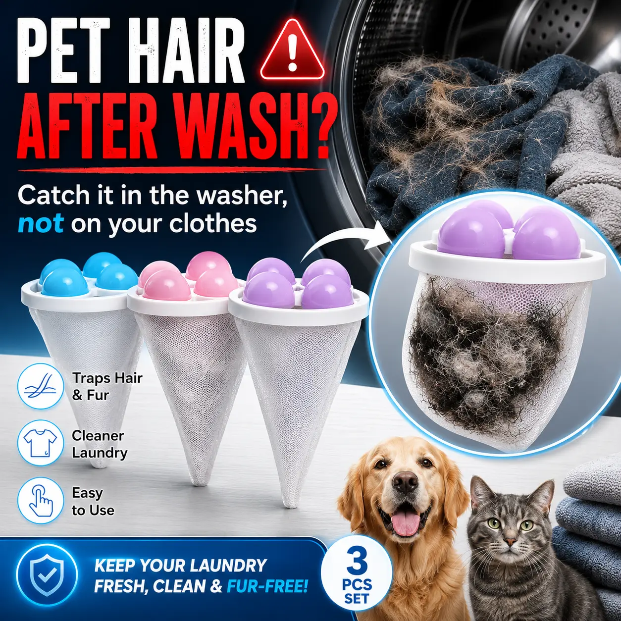 [Tonora] Reusable Floating Washing Machine Hair Filter Bag Tonora, Lint & Pet Fur Catcher, 3 Counts For Daily Laundry Use