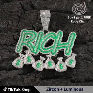 Zircon “Money Bag” zirconia pendant with luminous letter design — glow-in-the-dark hip hop/rap drill dance jewelry for men and women, expressing personality