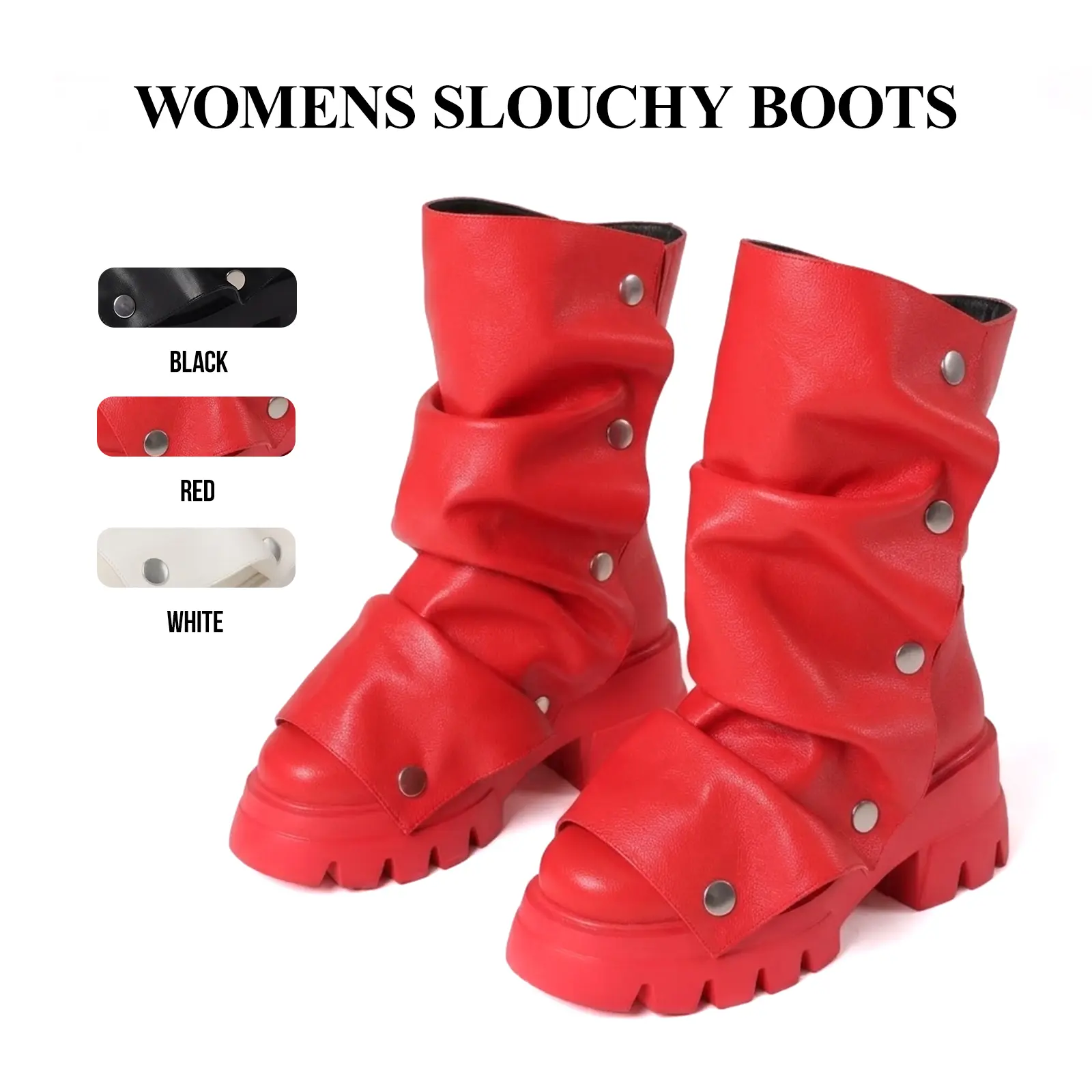 CYNLLIO Womens Mid Calf Slouchy Fold Over Platform Boots Chunky High Heel Round Toe Wide Calf Pull on Comfy Fashionable Detachable Snap Off Metalic Studs Party Holiday Outing Dating Dress Casual Fall Shark Short Shoes