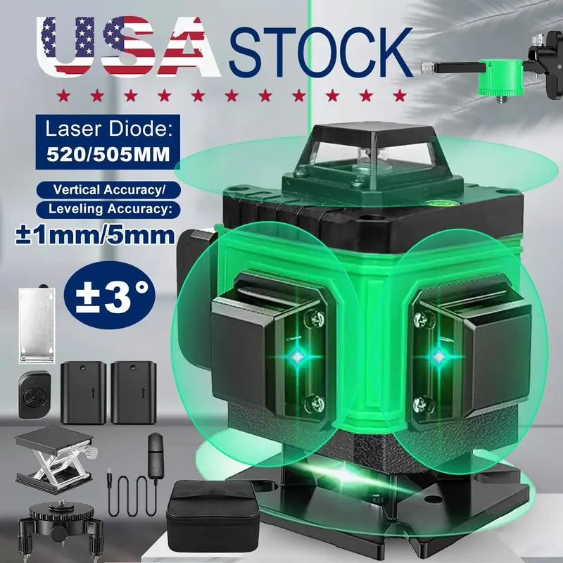 16-Line 4D Green Laser Level with 360° Rotation, Auto Leveling, APP Remote Control, Rechargeable Batteries, Rotating Stand, Manual Line Aim for Construction, Hanging Pictures