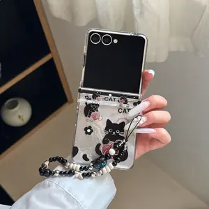 Black Cat Playing Yarn Chain Phone Case For Samsung Galaxy Z Flip 7/7FE/6/5/4/3, Cool Girl Style Shockproof Protective Cover