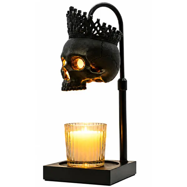 【AshKnoll】Crown Skull Candle  Lamp, Gothic & Spooky Home Decor with Timer | Goth Halloween Table Lamp, Auto-Shutoff, 2 Light Bulbs Included, Heavy Metal Base, Adjustable Height, Candles not included