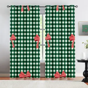 Green Gingham Printed Curtains, 2 Panels Red Bow Pattern Darkening Curtains, Thermal Insulated Decoration Curtains, Coquette Holiday Christmas Plaid, Light Blocking for Bedroom Living Room for Teens Girls