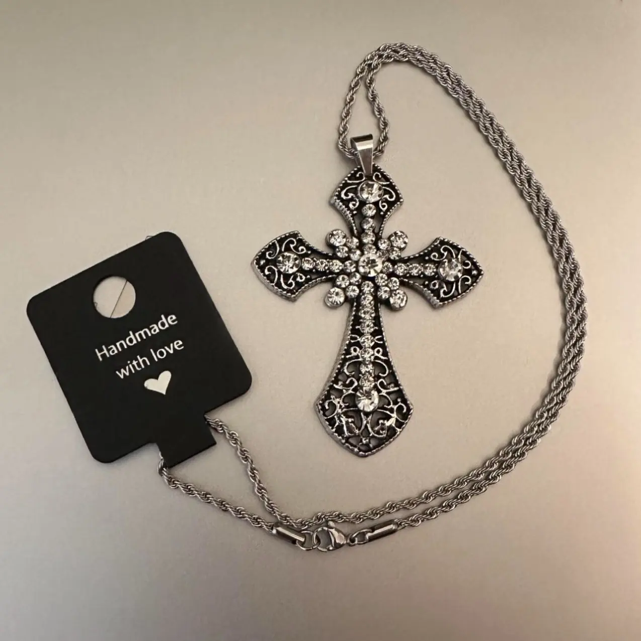 Brand New Handmade Gothic Cross Pendant On a Silver Stainless Steel Rope Chain.