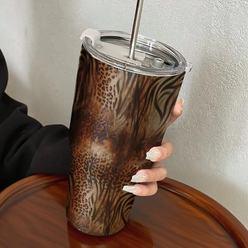 30oz Leopard Print Insulated Travel Drinkware Cup with Straw, Stainless Steel Coffee Mug Tumbler, Thermal Flask, Cold & Hot Drinks, Perfect Gift, Outdoor Travel Home Use