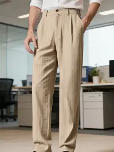 Men's Vertical Striped Linen Casual Pants, Loose Straight Fit Business Commute Trousers, Spring Autumn Breathable Versatile Long Pants