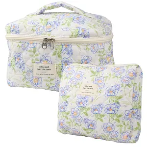 Cute Makeup Bag for Women(2 Pcs), Travel Cosmetic Bags, Quilted Coquette Aesthetic Floral Toiletry Organizer Bag