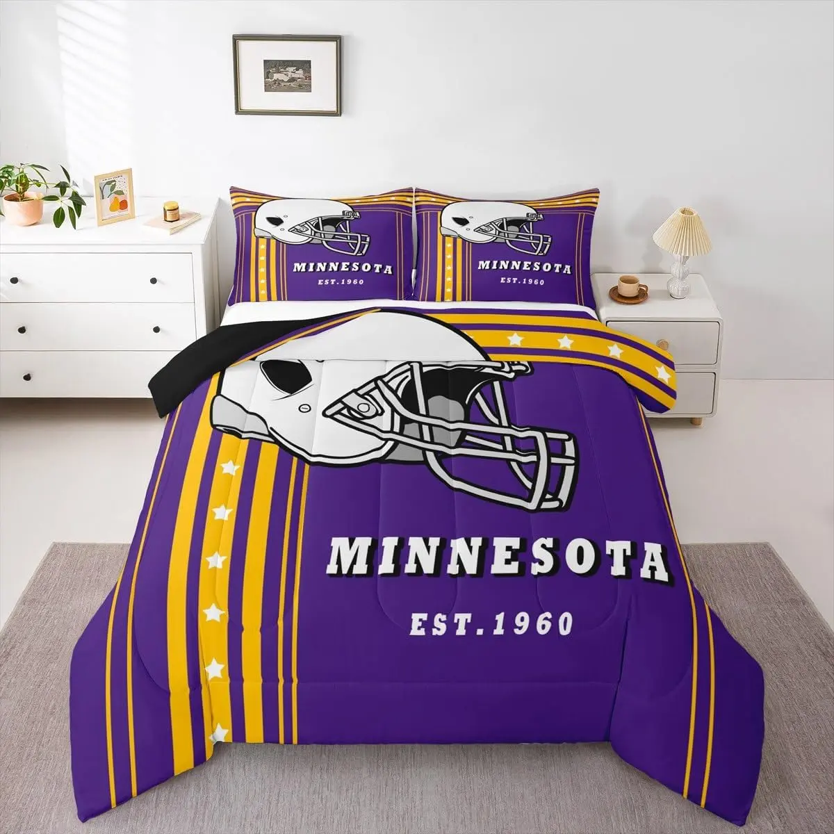 Feelyou Sports-Themed Microfiber Bedding Comforter Set - Purple & Yellow Stripes, Letter Print Blanket, Soft Warm, Multi-Size, Travel-Friendly, Football Gifts, All Seasons, Soft Warm Blanket, Letters, Double Color Duvets & Sets, Set Includes