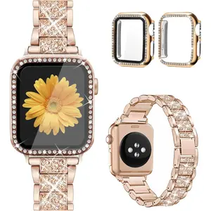 Compatible for Apple Watch band with screen protector case, jewelry replacement band 45mm 44mm 42mm 41mm 40 mm 38mm 2 pack bling protective cover for iWatch Series 9/8/7/6/5/4/3/2/1/SE women