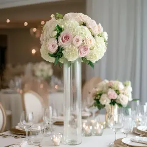 2 Pack Ribbed Cylinder Floor Vases – 40" Tall Oversized Clear Glass Vases for Grand Venue Displays & Lobbies