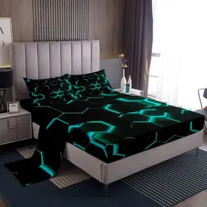 Feelyou 3-Piece Geometric Bedding Set - Teal and Black Hexagonal Honeycomb Design, Soft Bedding Sheets, Breathable Microfiber Sheets, Simplistic Bedroom Decor, Breathable Sheets