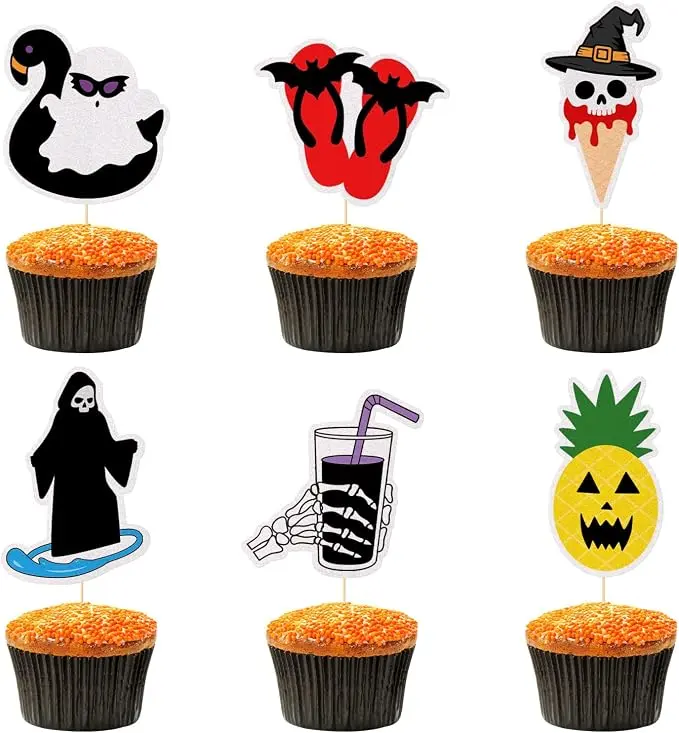 24Pcs Summer Halloween Cupcake Toppers | Halloween Dessert Toppers, Spooky Summer Beach Party Supplies, Ghost and Pumpkin Toppers for Summer