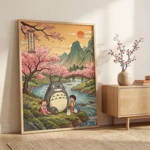 [Sale Up To 40% - Freeship] [Unframed] Totoro Inspired Japanese Landscape Print, Cherry Blossom Anime Poster, Cozy Studio Ghibli Style Decor, Cute Nature Art Gift