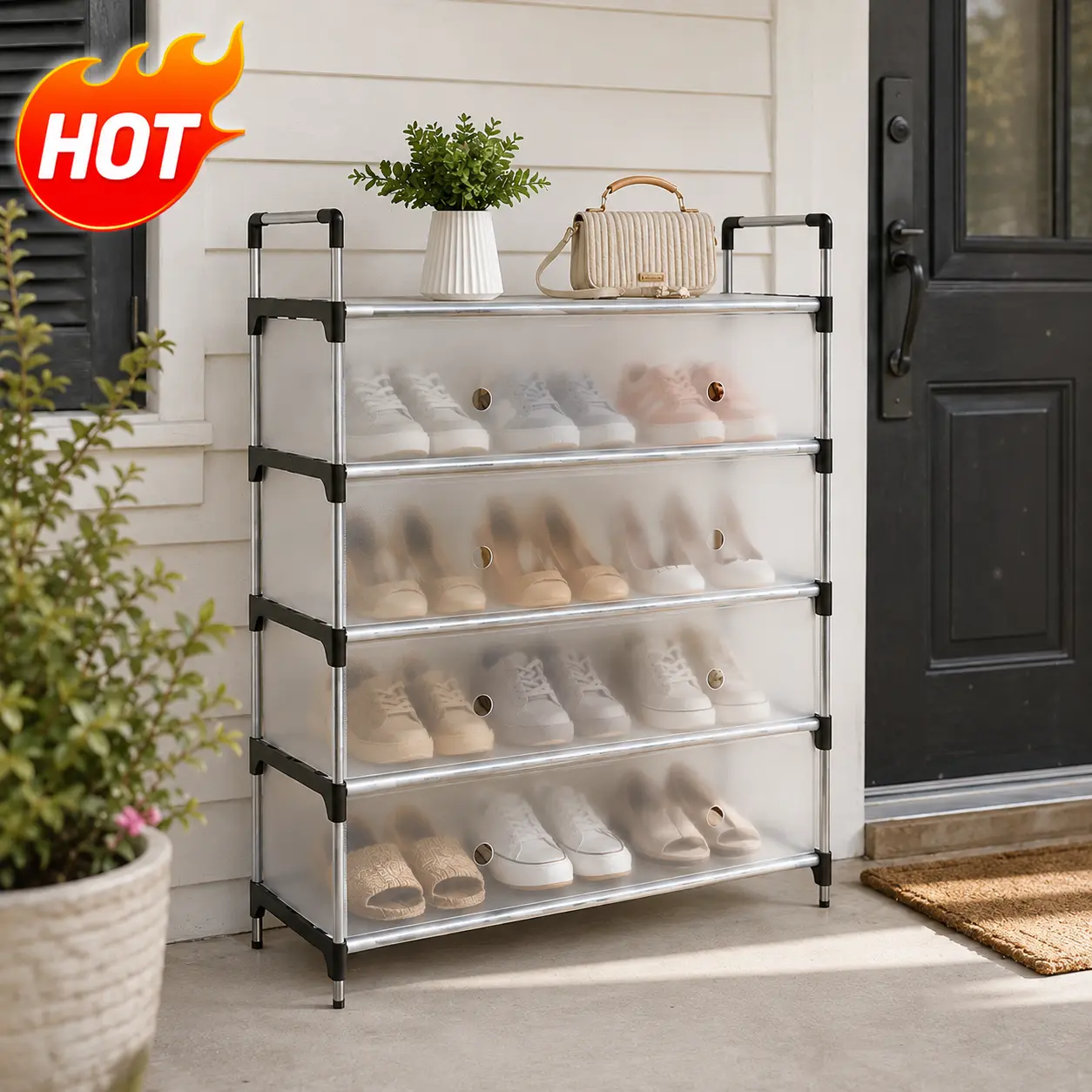 5-Tier Shoe Rack Organizer with Dustproof Cover, Large Capacity Shoe Storage Cabinet, Space-Saving Freestanding Shoe Shelf for Entryway, Closet & Front Door
