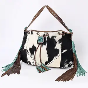 American Darling Western Hobo Bag, Hair-On Cowhide Full Grain Leather with Fringes and Rivets, Handcrafted Boho Purse