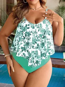 Plus Size Blue & White Porcelain Tankini Set - Ruffled Cami Top & High Waist Briefs - Summer Beach Vacation
